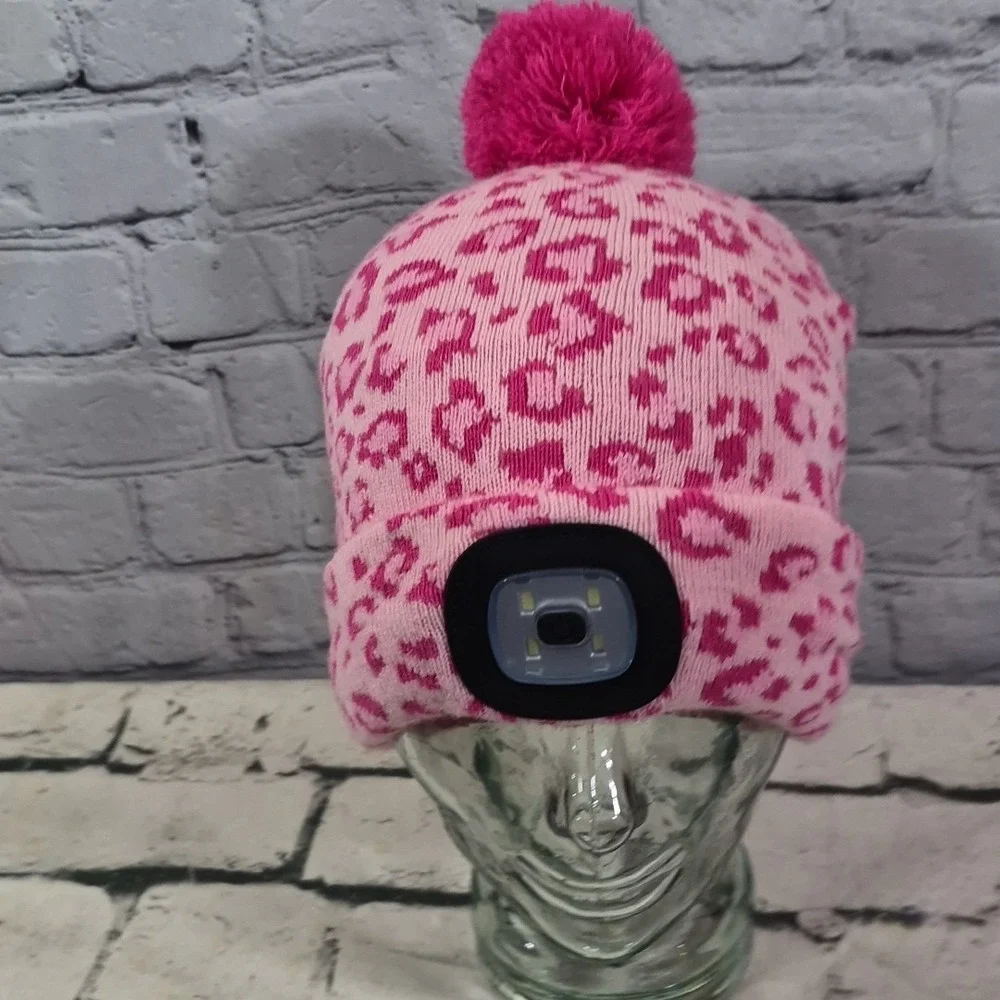 Night Scope Beanie Hat Womens Pink Cheetah Rechargeable LED Head Lamp Hat
